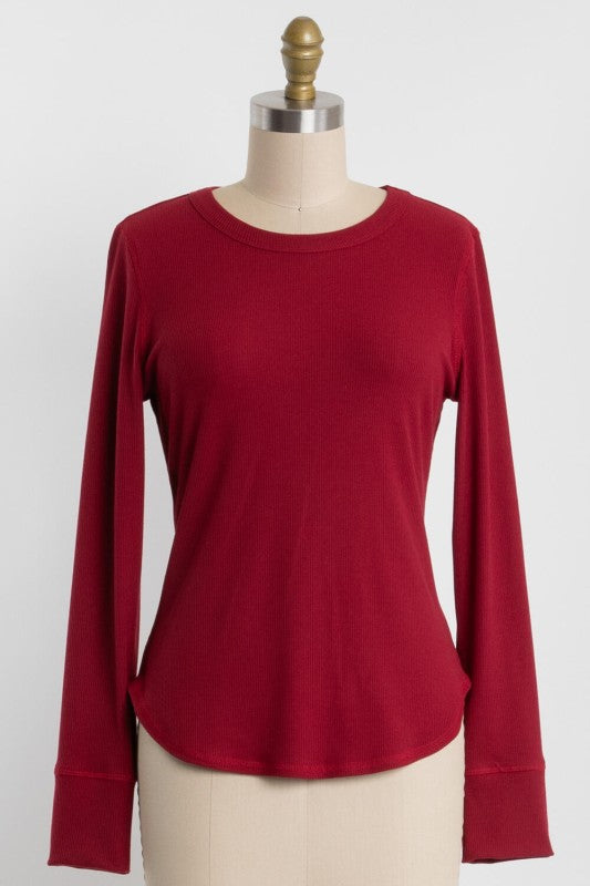 LONG SLEEVED RIB-KNIT TEE (WINE)