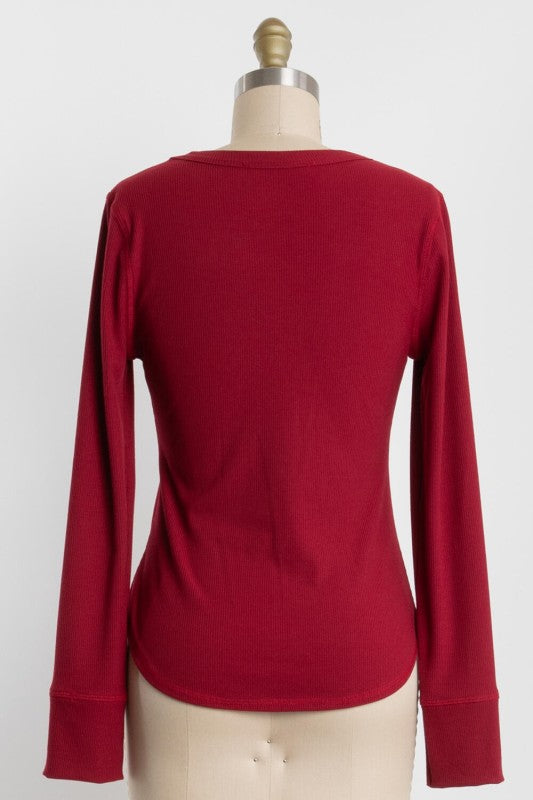 LONG SLEEVED RIB-KNIT TEE (WINE)