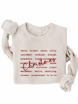 MERRY CHRISTMAS WORDS GRAPHIC PREMIUM LONGSLEEVE SWEATSHIRT IN HEATHER DUST WITH RED RAISED PRINT ON FRONT