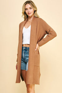 OPEN FRONT KNITTED CARDIGAN, LONG SLEEVES, CAMEL COLOR WITH FRONT PATCH POCKETS
