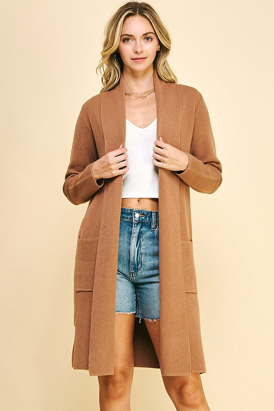 OPEN FRONT KNITTED CARDIGAN, LONG SLEEVES, CAMEL COLOR WITH FRONT PATCH POCKETS
