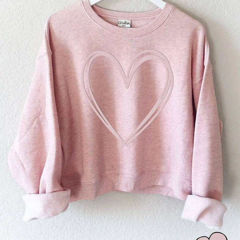 DROP SHOULDER CROPPED SWEATSHIRT WITH PUFFED HEART IN PEACHY ROSE