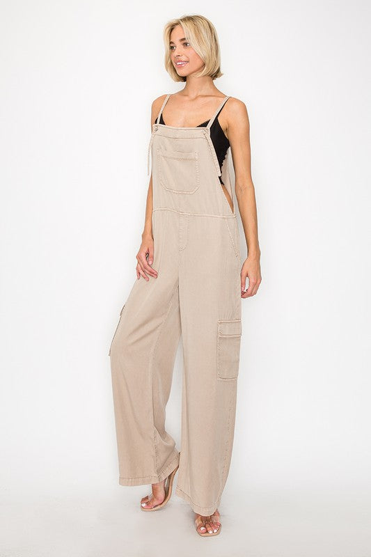 WIDE LEG TENCEL OVERALLS (TAUPE)