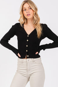 Black Button Front Ribbed Sweater Cardigan with Notch Collared and Long Sleeves 