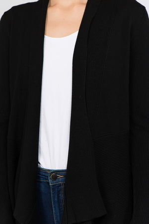 OPEN FRONT KNIT CARDIGAN (BLACK) with Ribbed knit on sleeves, waterfall lapel and bottom