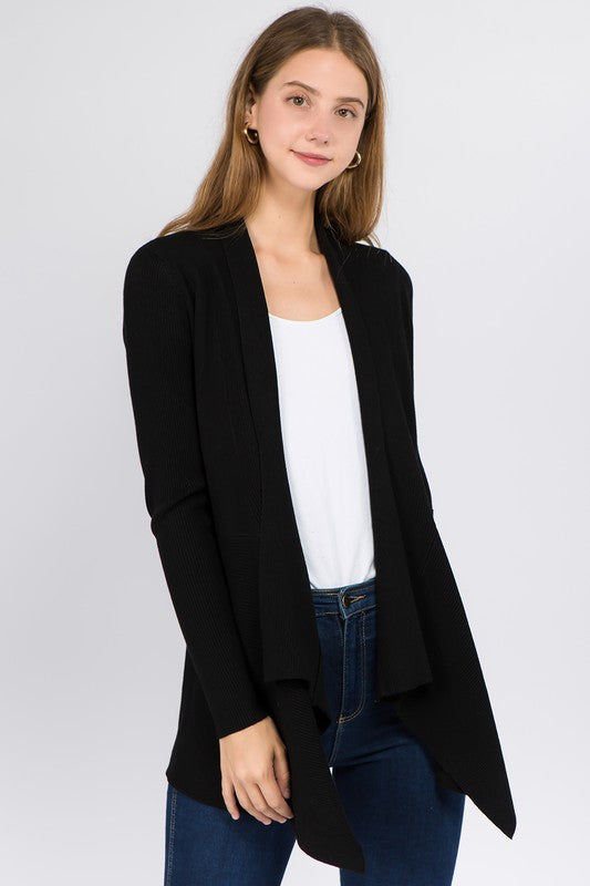 OPEN FRONT KNIT CARDIGAN (BLACK) with Ribbed knit on sleeves, waterfall lapel and bottom