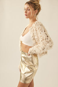 EMBELLISHED FEATHERED SEQUIN JACKET in beige and gold