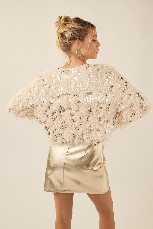 EMBELLISHED FEATHERED SEQUIN JACKET in beige and gold
