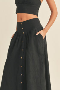 LINEN BLEND BUTTON DOWN (non-functional) MAXI SKIRT in black with pockets