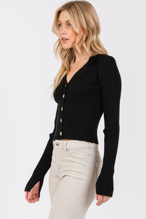 Black Button Front Ribbed Sweater Cardigan with Notch Collared and Long Sleeves 