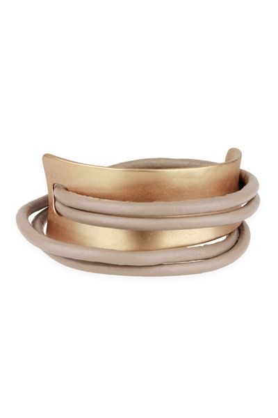 Multi-Strand Wrap Bracelet
Genuine Leather Taupe Colored Strands
Gold-Tone Cuff
Gold-Tone Magnetic Clasp