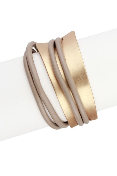 Multi-Strand Wrap Bracelet
Genuine Leather Taupe Colored Strands
Gold-Tone Cuff
Gold-Tone Magnetic Clasp