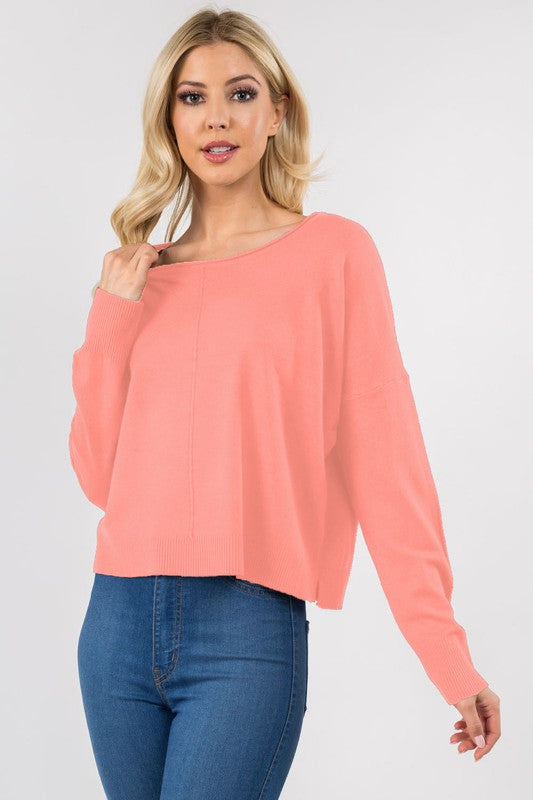 KNIT PULLOVER SWEATER WITH DOLMAN SLEEVES (CORAL TULIPS)