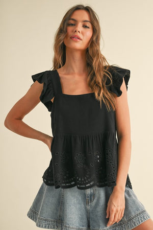 EYELET PEPLUM BOTTOM SLEEVELESS BLOUSE (BLACK)