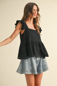 EYELET PEPLUM BOTTOM SLEEVELESS BLOUSE (BLACK)