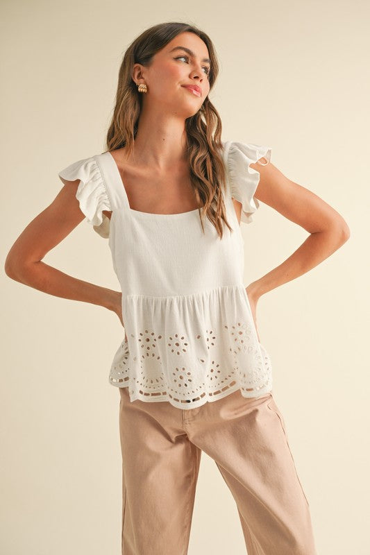 WHITE EYELET PEPLUM BOTTOM SLEEVELESS BLOUSE