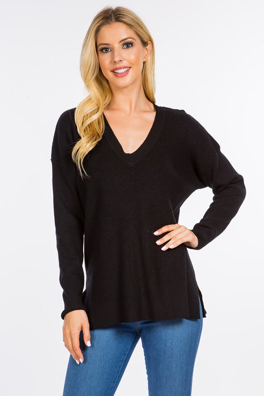 WAFFLE KNIT PULLOVER SWEATER (BLACK)