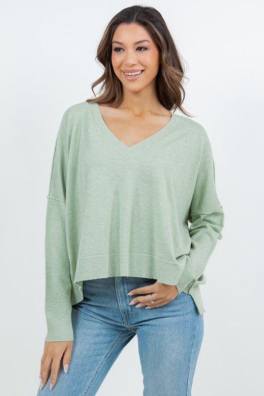 LOOSE PULLOVER V-NECK SWEATER (HTHR CELERY)