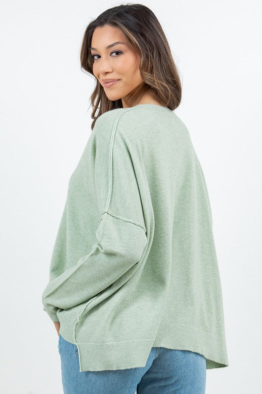 LOOSE PULLOVER V-NECK SWEATER (HTHR CELERY)