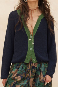 KNIT CARDIGAN WITH CONTRAST TRIM (NAVY)