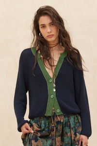 KNIT CARDIGAN WITH CONTRAST TRIM (NAVY)