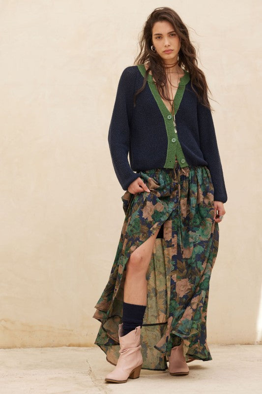 KNIT CARDIGAN WITH CONTRAST TRIM (NAVY)