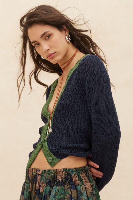KNIT CARDIGAN WITH CONTRAST TRIM (NAVY)