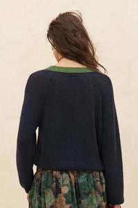 KNIT CARDIGAN WITH CONTRAST TRIM (NAVY)