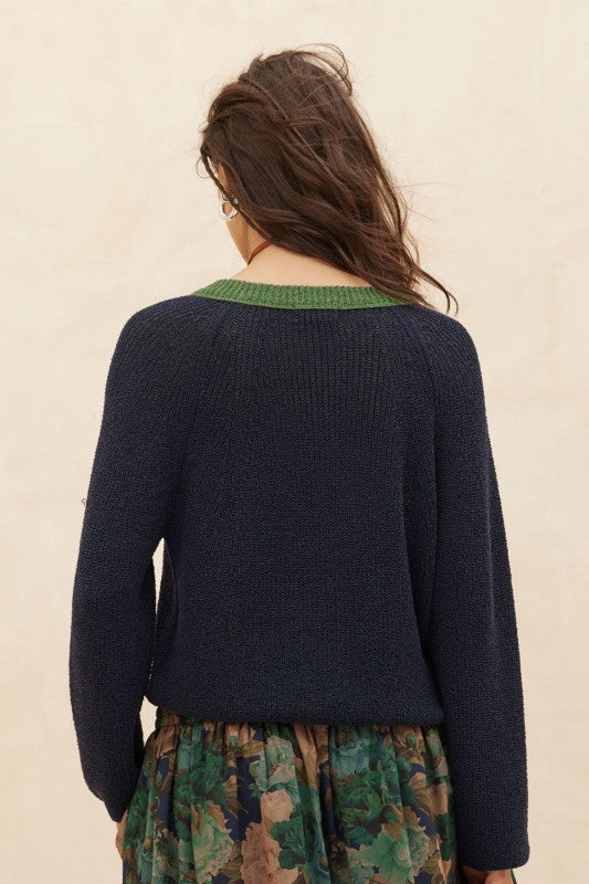 KNIT CARDIGAN WITH CONTRAST TRIM (NAVY)