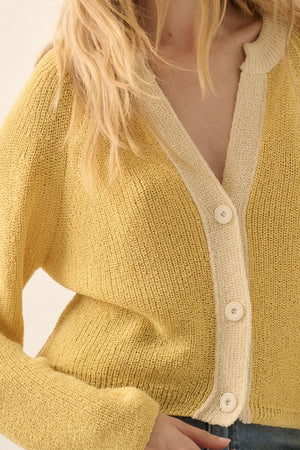 KNIT CARDIGAN WITH CONTRAST TRIM (BUTTER YELLOW) AND FRONT BUTTON CLOSURE
