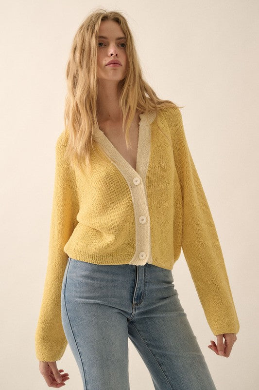 KNIT CARDIGAN WITH CONTRAST TRIM (BUTTER YELLOW) AND FRONT BUTTON CLOSURE