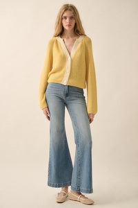 KNIT CARDIGAN WITH CONTRAST TRIM (BUTTER YELLOW) AND FRONT BUTTON CLOSURE