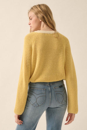 KNIT CARDIGAN WITH CONTRAST TRIM (BUTTER YELLOW) AND FRONT BUTTON CLOSURE