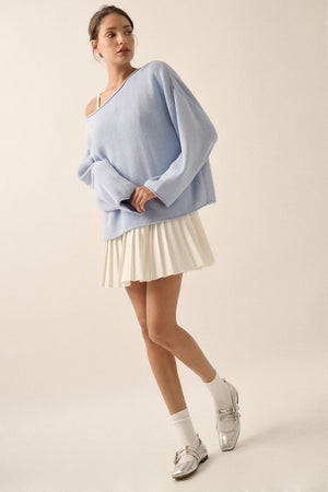 periwinkle blue solid rib-knit oversized long sleeve pullover boatneck sweater