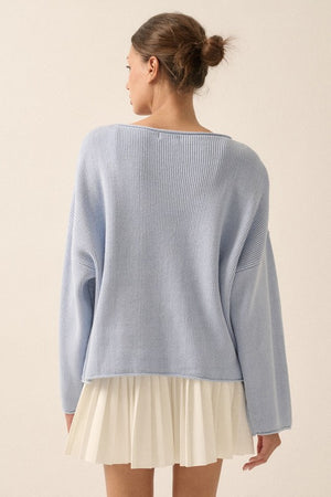 periwinkle blue solid rib-knit oversized long sleeve pullover boatneck sweater
