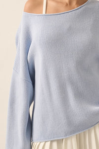 periwinkle blue solid rib-knit oversized long sleeve pullover boatneck sweater