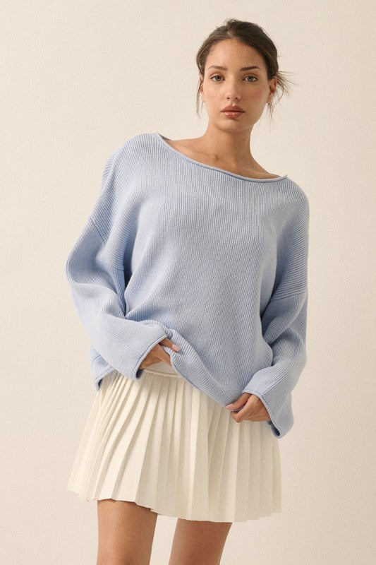periwinkle blue solid rib-knit oversized long sleeve pullover boatneck sweater