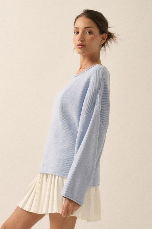 periwinkle blue solid rib-knit oversized long sleeve pullover boatneck sweater