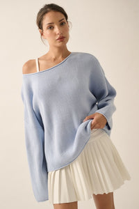 periwinkle blue solid rib-knit oversized long sleeve pullover boatneck sweater