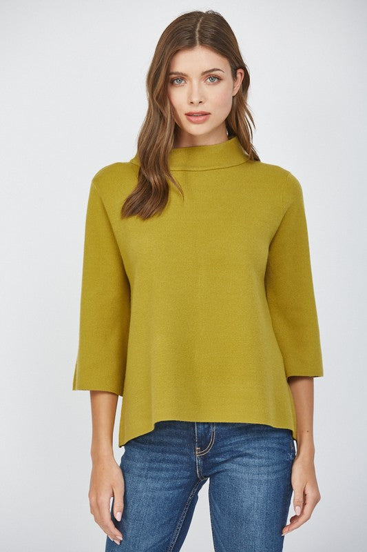 RETRO MOCK TURTLENECK KNIT SWEATER WITH 3/4 LENGTH SLEEVES IN CITRON 