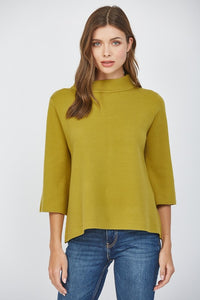 RETRO MOCK TURTLENECK KNIT SWEATER WITH 3/4 LENGTH SLEEVES IN CITRON 