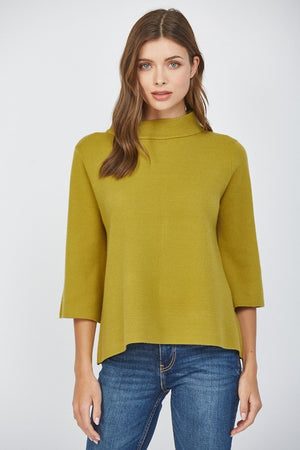 RETRO MOCK TURTLENECK KNIT SWEATER WITH 3/4 LENGTH SLEEVES IN CITRON 