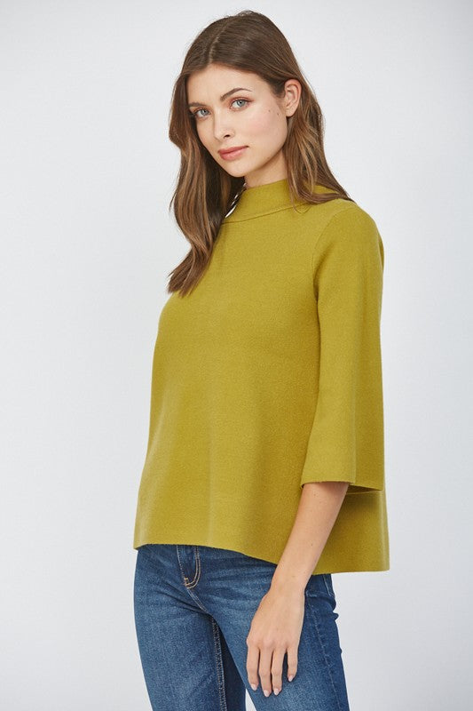 RETRO MOCK TURTLENECK KNIT SWEATER WITH 3/4 LENGTH SLEEVES IN CITRON 
