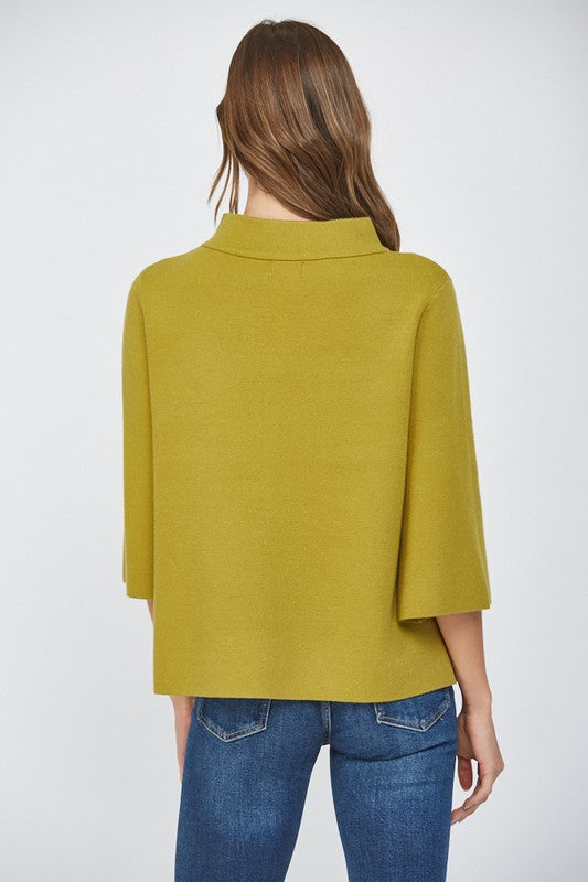 RETRO MOCK TURTLENECK KNIT SWEATER WITH 3/4 LENGTH SLEEVES IN CITRON, REAR VIEW