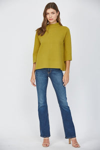 RETRO MOCK TURTLENECK KNIT SWEATER WITH 3/4 LENGTH SLEEVES IN CITRON 