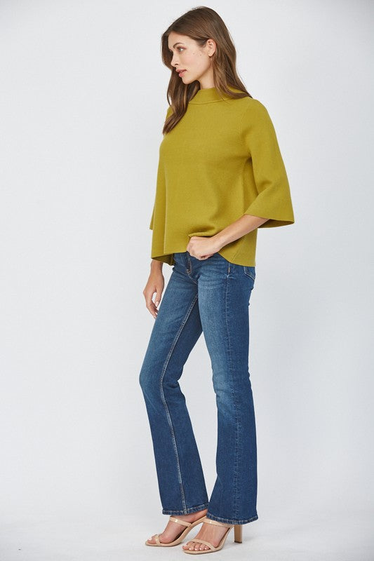RETRO MOCK TURTLENECK KNIT SWEATER WITH 3/4 LENGTH SLEEVES IN CITRON 