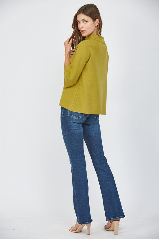 RETRO MOCK TURTLENECK KNIT SWEATER WITH 3/4 LENGTH SLEEVES IN CITRON 