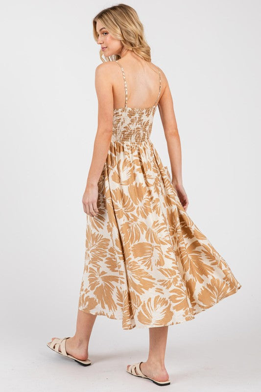 PATCH POCKET MIDI DRESS IN CREAM AND TAUPE GRAPHIC FLORAL PRINT WITH FUNCTIONAL FRONT BUTTONS AND ADJUSTABLE STRAPS