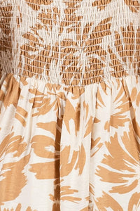 PATCH POCKET MIDI DRESS IN CREAM AND TAUPE GRAPHIC FLORAL PRINT WITH FUNCTIONAL FRONT BUTTONS AND ADJUSTABLE STRAPS