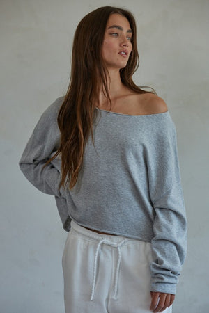 100% COTTON PULLOVER SWEATER WITH RAW EDGE (HEATHER GREY)